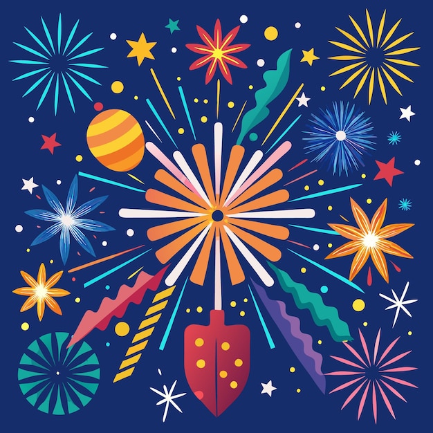 Vector colorful firework illustration with abstract shapes and stars on a dark blue background