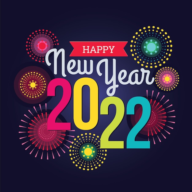 Colorful fireworks 2022 new year vector illustration bright on dark blue background