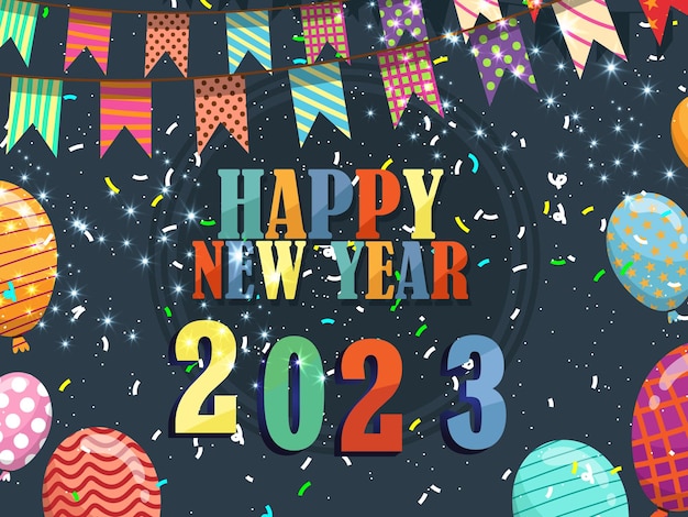 Colorful fireworks 2023 Happy New Year, bright on dark background,Flat style vector illustration.