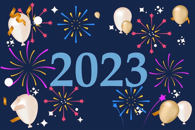 Colorful fireworks 2023 New Year vector illustration, bright on a dark blue background, text Happy N