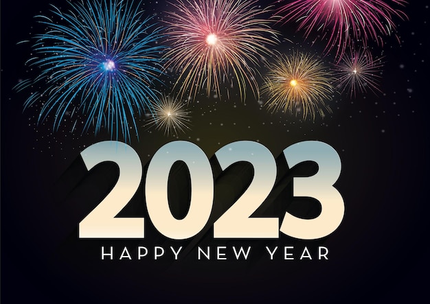 カラフルな花火2023年新年のベクトル図は紺色の背景に明るい