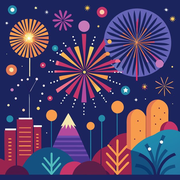 Vector colorful fireworks exploding in the night sky over a city and mountain landscape