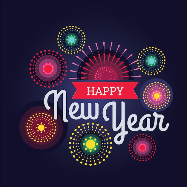 Colorful fireworks Happy New Year vector illustration bright on a dark blue background