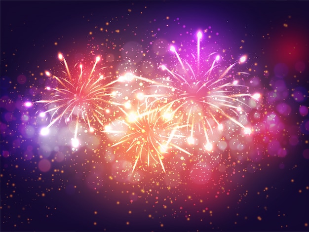 Colorful fireworks lighting effect on purple background for celebration concept.