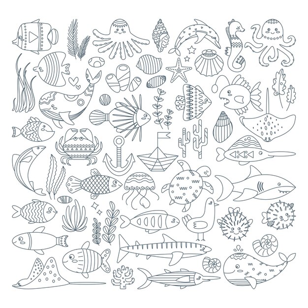 Colorful fish sea animal an inhabitant of the sea world a cute underwater creature line art