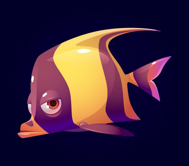 暗い背景に悲しい顔をしたカラフルな魚がいます。