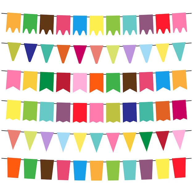 Colorful flags and bunting garlands for decoration. decor elements with various patterns. vector illustration