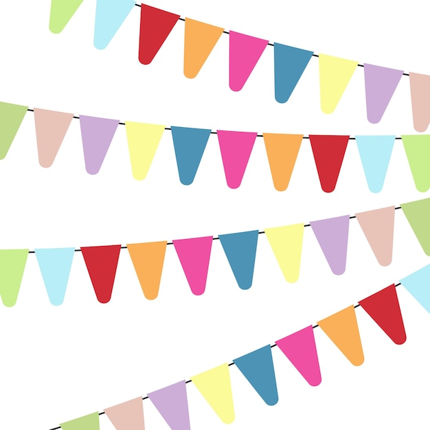 Bandiere colorate e ghirlande di stamina per la decorazione. elementi decorativi con vari motivi. illustrazione vettoriale