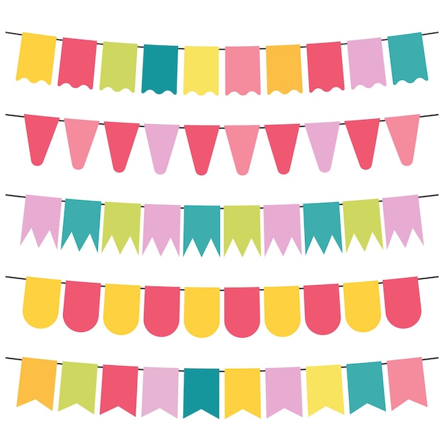 Vector colorful flags and bunting garlands for decoration. decor elements with various patterns. vector illustration