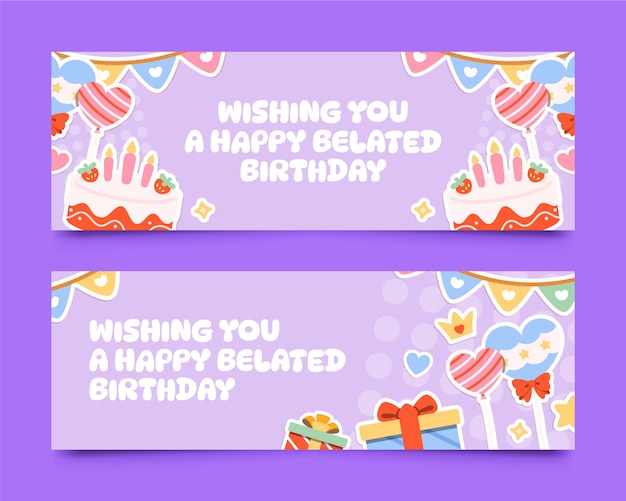 Colorful flat birthday stickers horizontal banner set collection