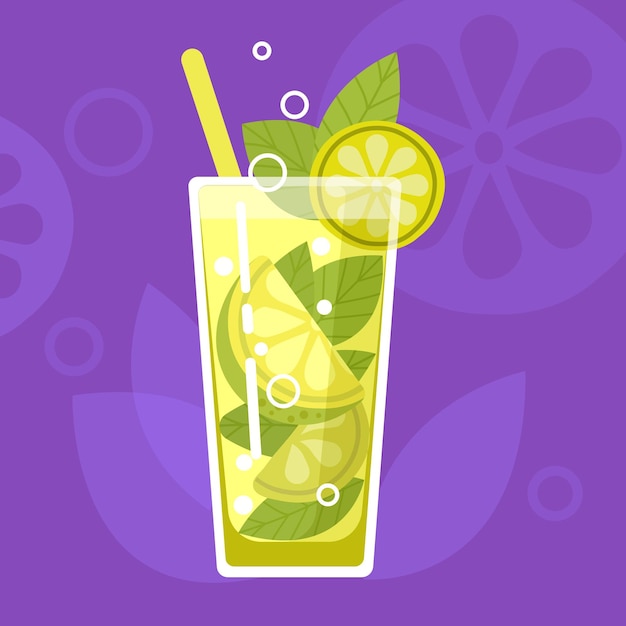 Вектор Красочный плоский коктейль в стакане с лимонно-лаймовым векторным дизайном