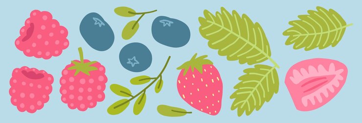 Vector colorful flat design of berries leaves strawberries raspberries blueberries on light blue background
