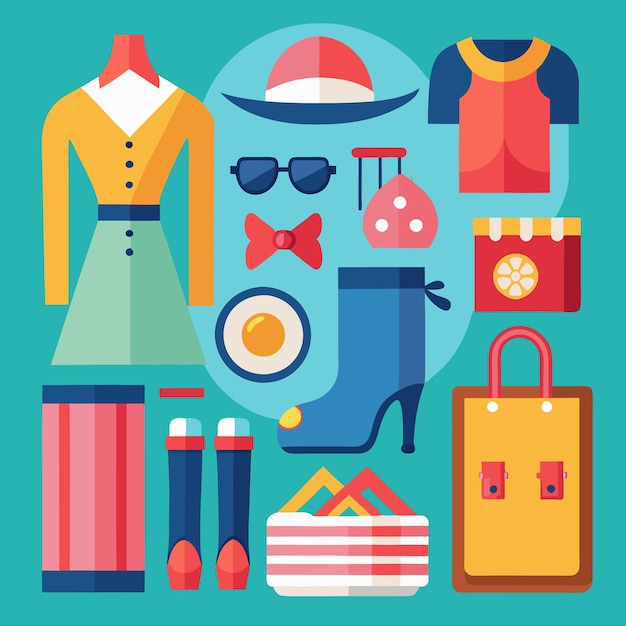 A colorful flat design illustration of various fashion items
