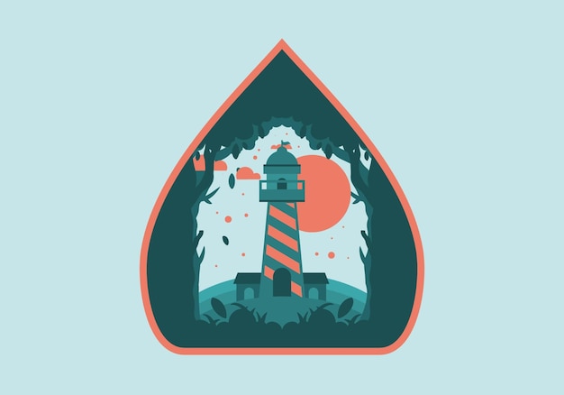 Vector colorful flat illustration of lighthouse in the forest