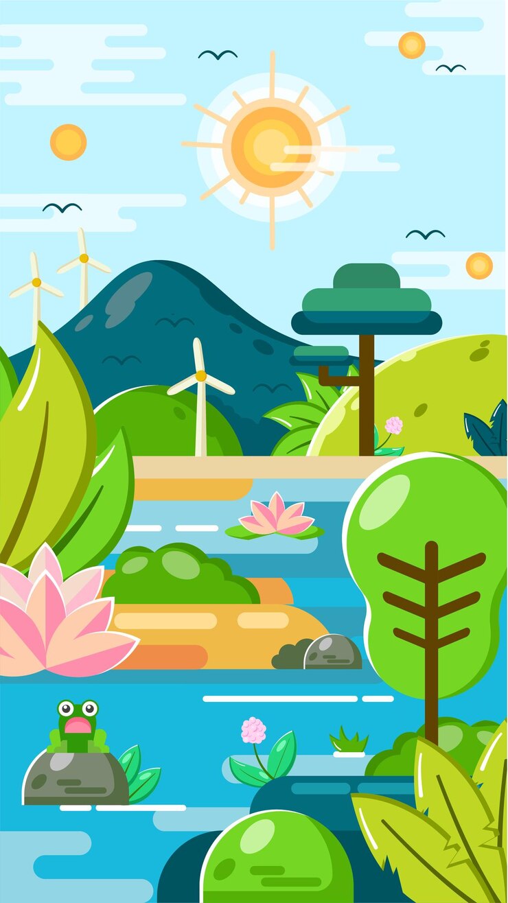 Vector 山や風力タービン木蓮の花川のカエル緑の葉っぱを特徴とする活気のある自然のシーンを描いたカラフルな平らなベクトルイラストレーション