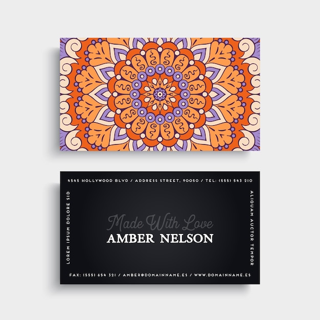 Colorful floral business card with mandala decoration