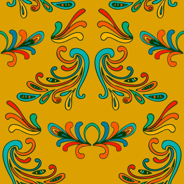 Colorful floral damask seamless pattern with curls, swirls. Curly background.