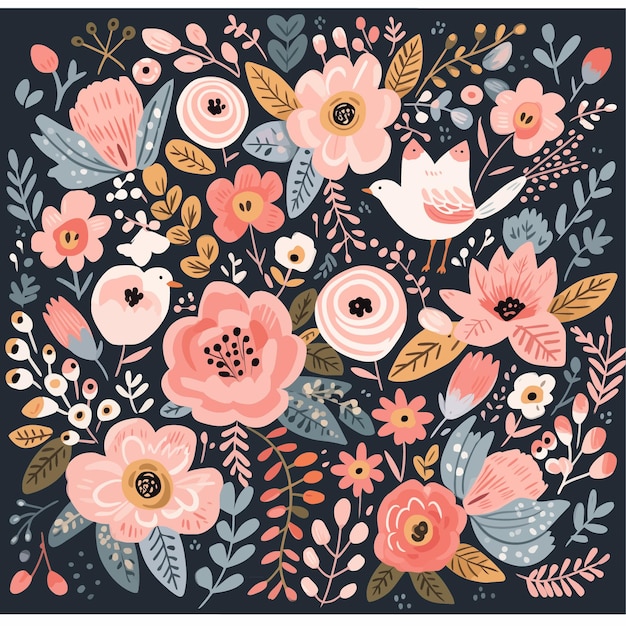 a colorful floral design with a bird and flowers