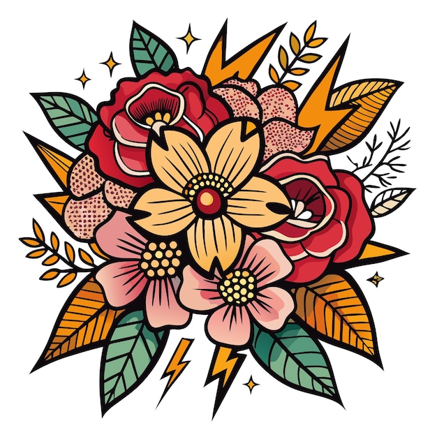 Colorful floral design with lightning elements for artistic