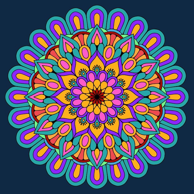 Colorful floral mandala vector illustration on dark blue background