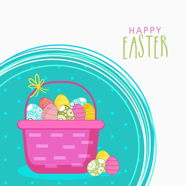 Vector colorful floral painted eggs filled basket illustration for happy easter celebration concept can be used design as a greeting card