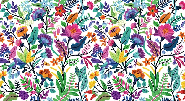 a colorful floral pattern with birds and flowers