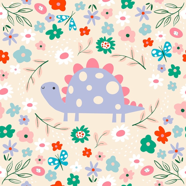 A colorful floral pattern with a dinosaur on it vector illustration with bright colored flowers and