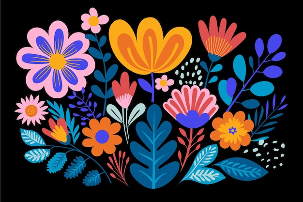 A colorful floral pattern with flowers and leaves on a black background.