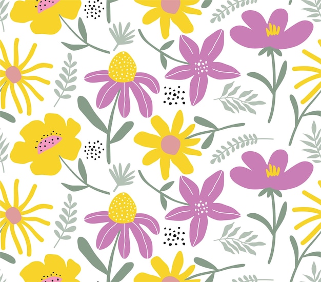 A colorful floral pattern with a yellow and purple flower