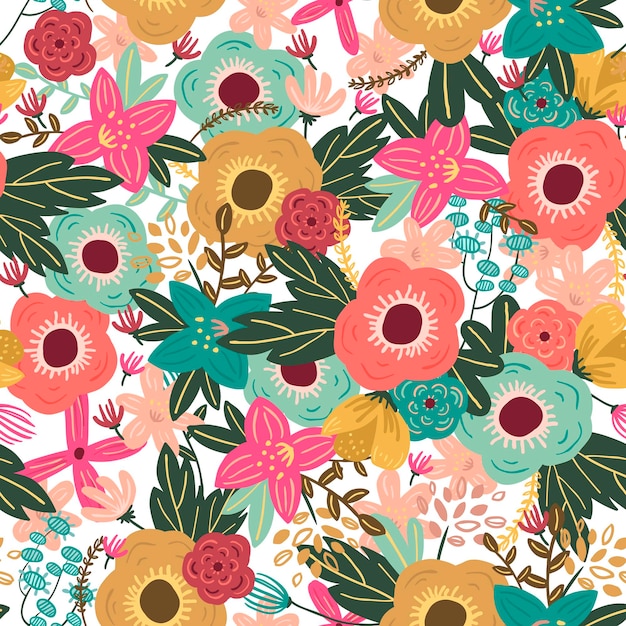 Colorful floral seamless background in doodle style