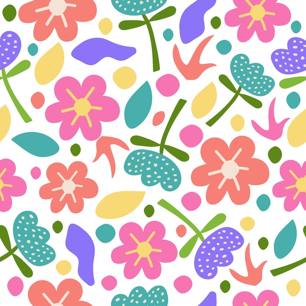 Vector colorful floral seamless illustration with abstract shapes and flowers