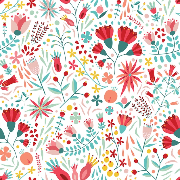 Colorful floral seamless pattern with berries, leaves and flowers on white background.