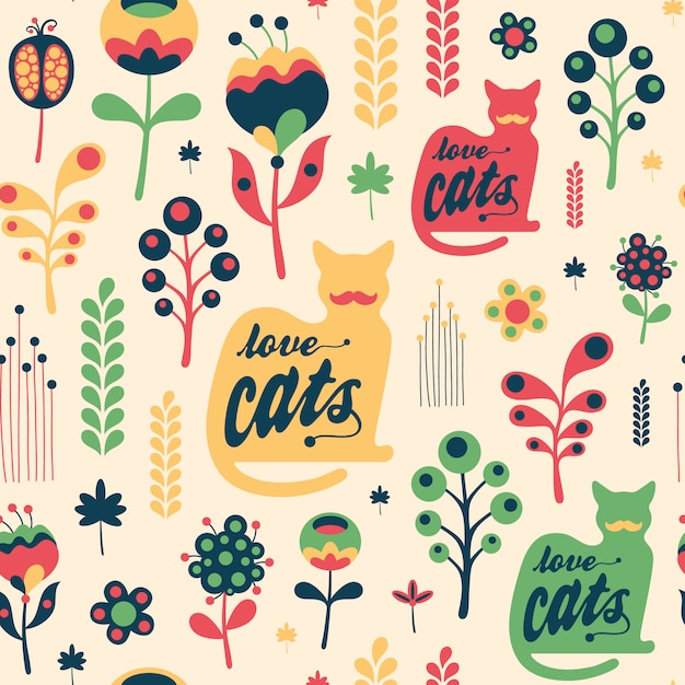 Vector colorful floral seamless pattern with love cats.