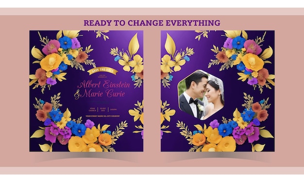 Colorful Floral Wedding Invitation Card Template Vector A4 Size 8K HD Quality