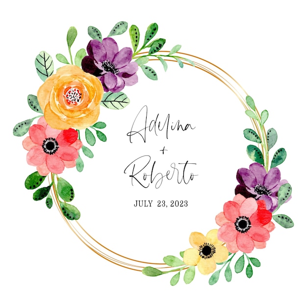 Colorful floral wreath watercolor with golden frame