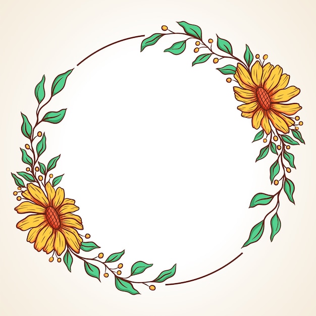 Corona floreale colorata con foglie e bacche cornice rotonda per inviti di nozze e biglietti di auguri
