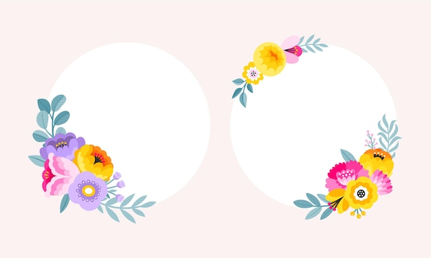 Colorful flower border set. circle floral frames.