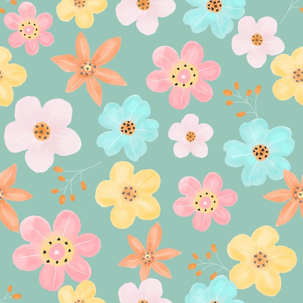 Colorful flower on green seamless pattern.