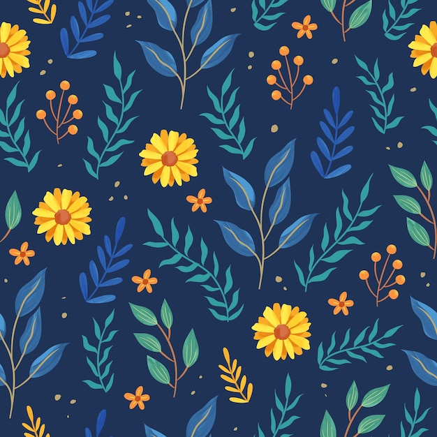 Colorful flower and leaves seamless pattern