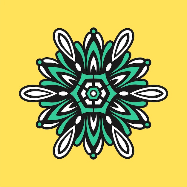 A colorful flower with a green circle on a yellow background.