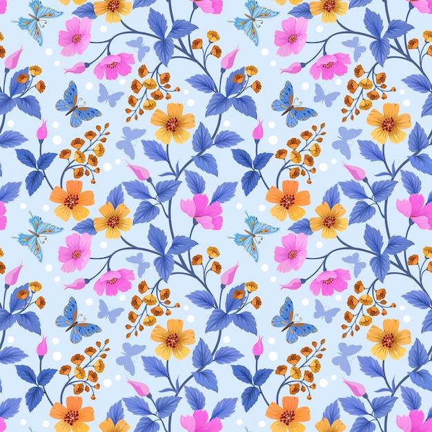 Colorful flowers and butterfly seamless pattern