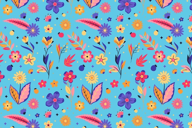 Colorful flowers motif pattern with blue background