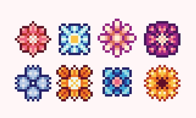 Set di fiori colorati pixel art collezione di fiori di fiori