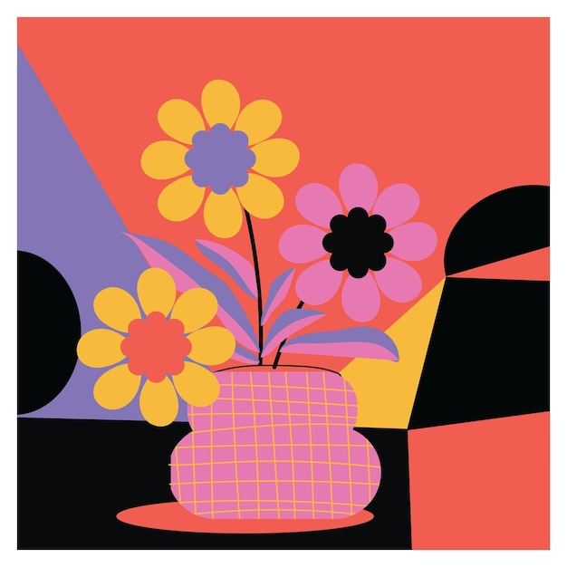 Colorful flowers and plants on vase hand drawn vector illustration Floral art collection