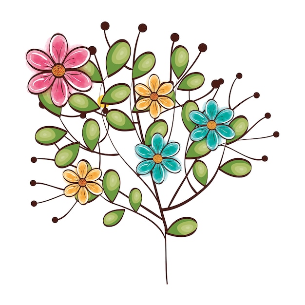 Colorful flowers with branches and leaves