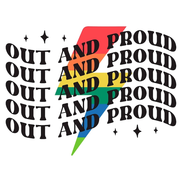 「Out And Proud」と書かれたカラフルなフォント