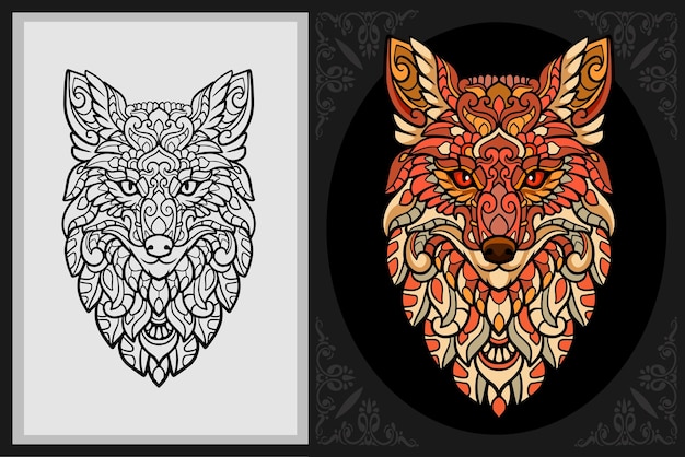 Colorful fox head zentangle art with black line sketch isolated on black and white background