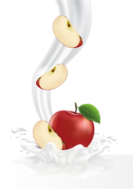 Vector colorful fresh apple falling into the milky splash