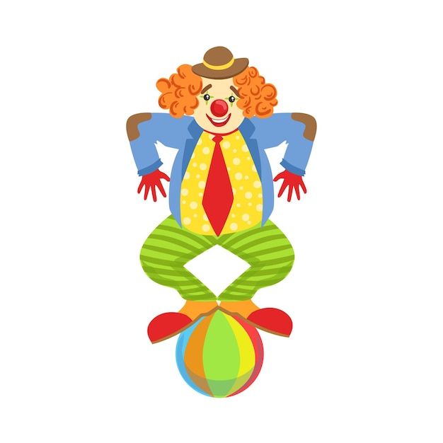 Вектор Красочный дружелюбный клоун, балансирующий на мяче в классическом костюме
