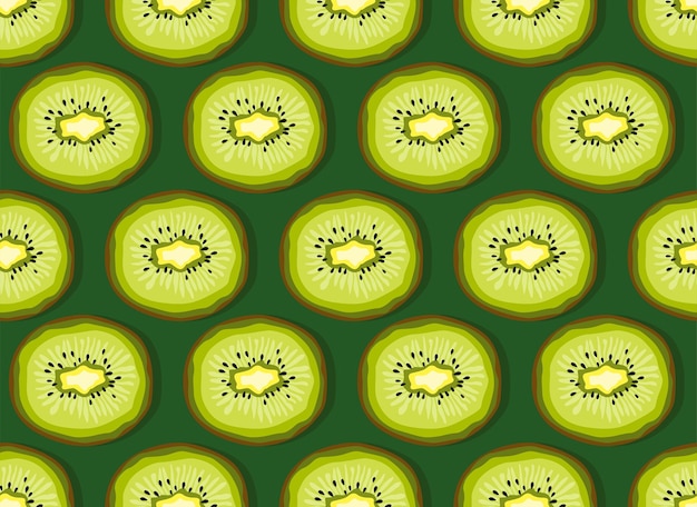 Vector colorful fruit pattern of fresh kiwi slices on green background